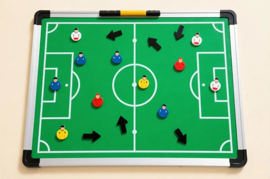 Tactical soccer pitch layout with magnetic markers planning strategy and tactics